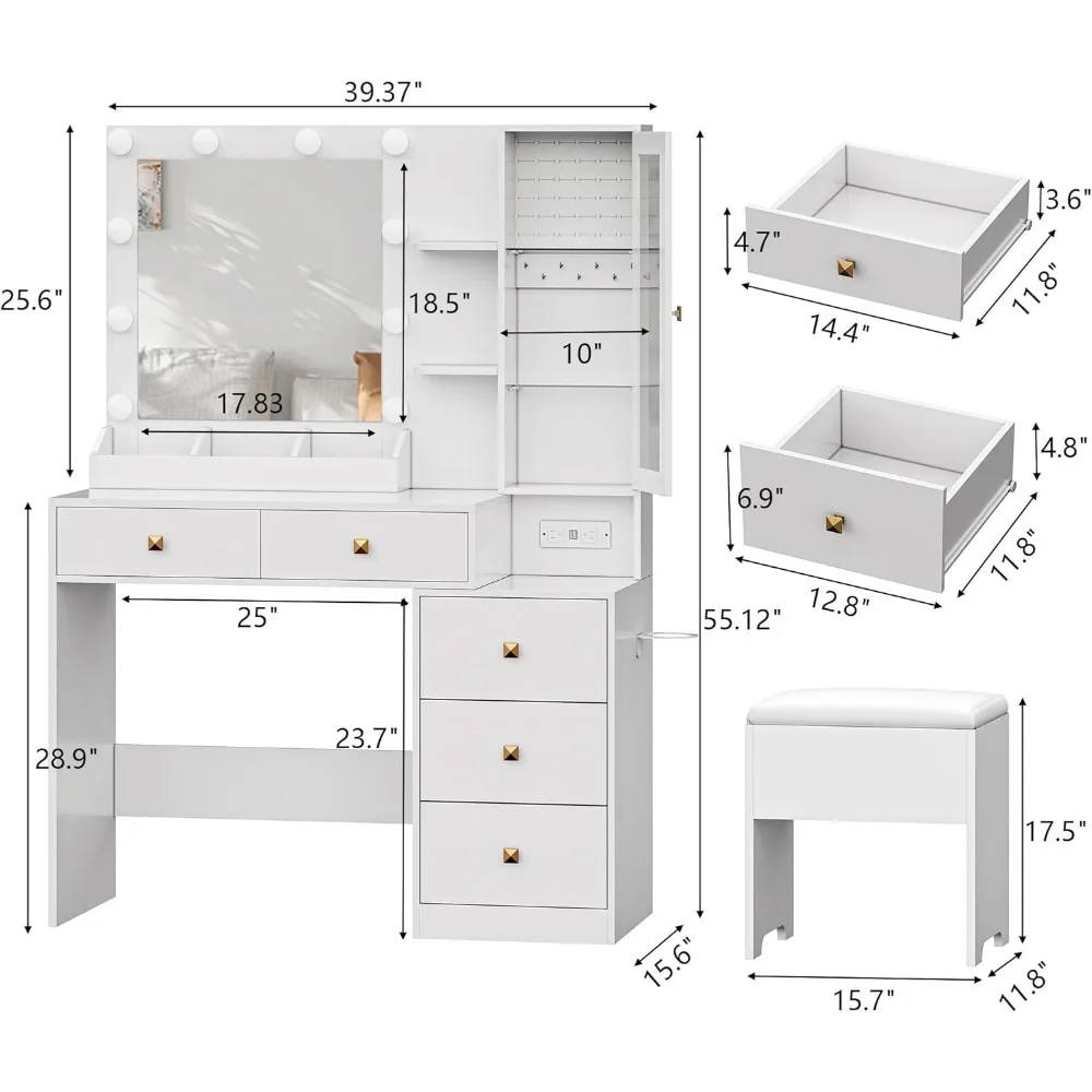 Vanity Desk with Mirror and Lights, White Makeup Vanity with 5 Drawers Hidden Jewelry Organizer& LED Glass Cabinet,3 Light Mode 2