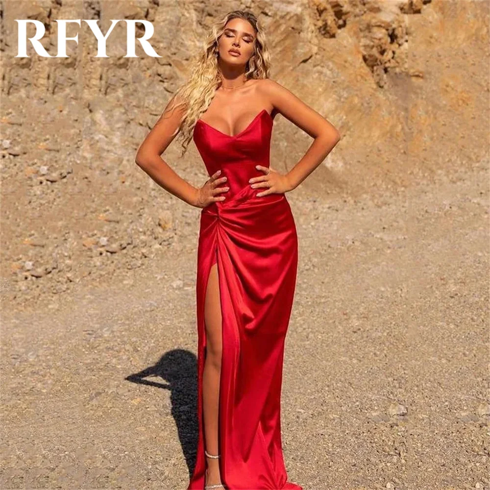 

RFYR Red Stain Prom Dress Sweetheart Sleeveless Evening Dresses Trumpet Satin Party Dress Sexy High Side Split Robe De Soirée