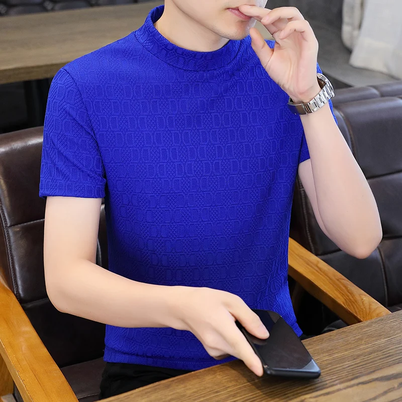 

Royal Blue Short Sleeves Turtlenecks T Shirts For Mens Winter Tops Fashionable Stretch Clothes White Pullover Slim Fit Jumper