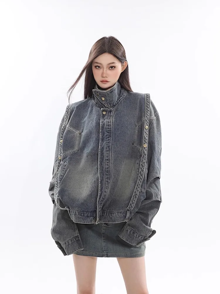 

Fashion Women's Denim Coat Stand Collar Full Sleeve Lace Up Spliced Wash Versatile Jacket Autumn 2023 Tide Jeans Jackets w845