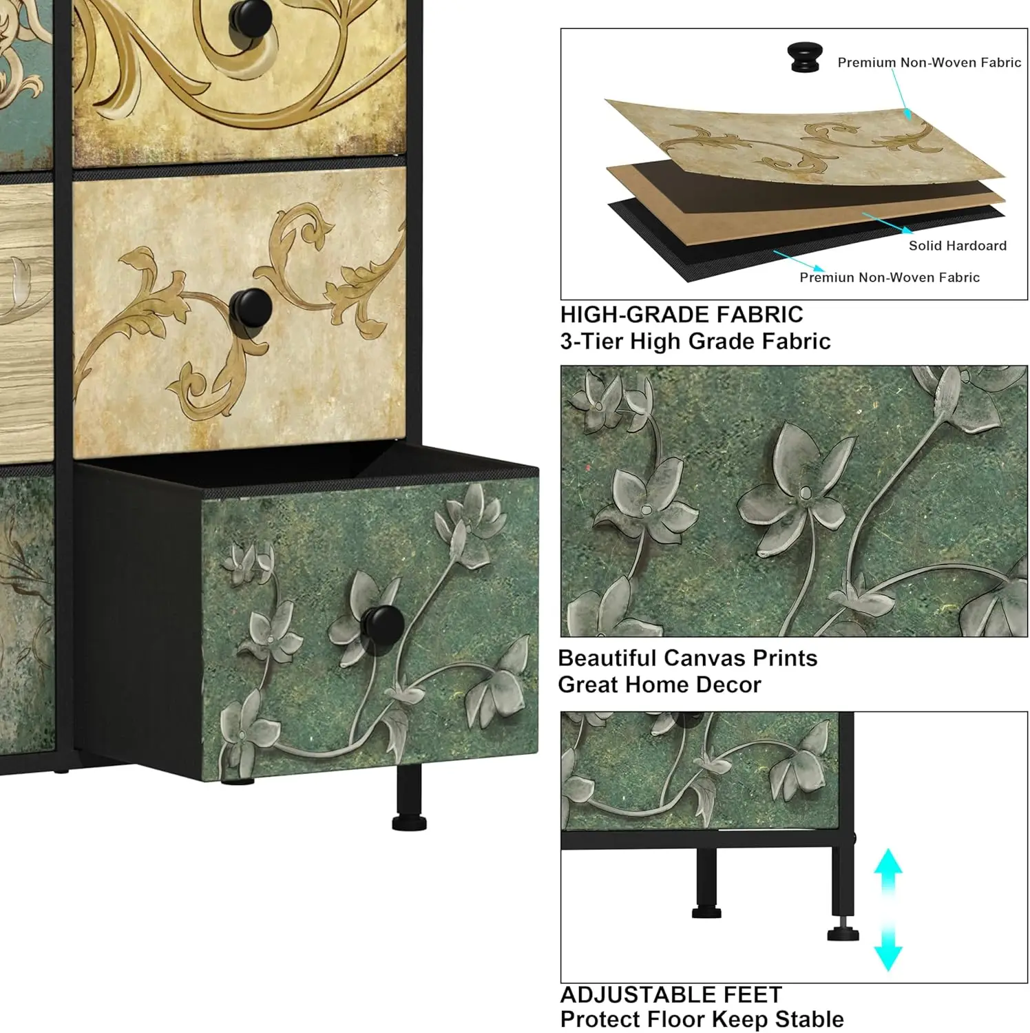 Narrow Storage Dresser. Slim with Retro Flowers. Fabric Drawers. 8 Drawers. Bedroom, Bathroom, Entryway.