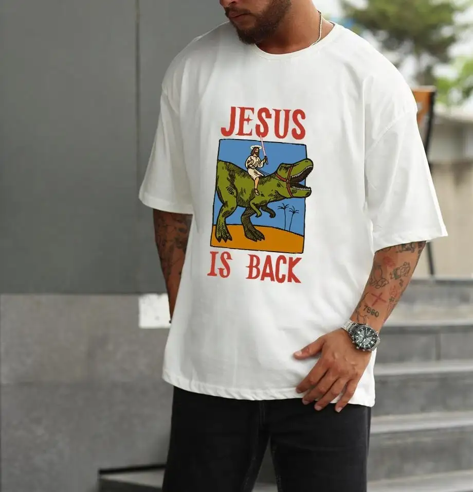 Unisex Jesus Is Back Riding T-Shirt Dinosauro T-Rex Divertente