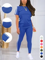 Women's Side-Striped Summer Sportswear Set Short Sleeve Long Pants Breathable Base Layer Clothing Colorful Casual Outfit - Image 4