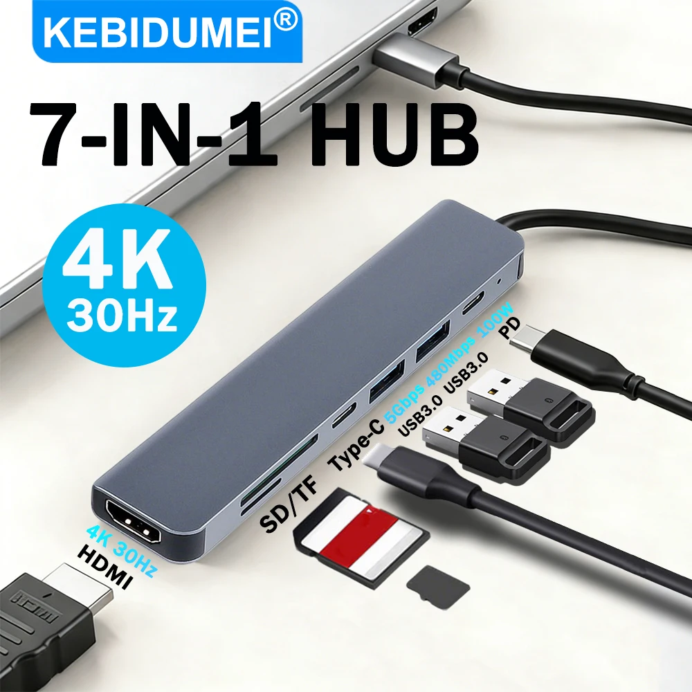 Hub USB-C 7 en 1 HDMI 4K PD 100W Lector SD Multipuerto