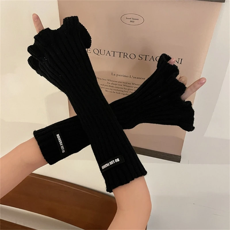 

Winter Knit Trumpet Trim Long Sleeve Arm Warmer Women Fingerless Gloves Thicken Outdoor Cycling Skiing Gloves