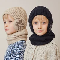 2Pcs/set Winter Kids Hat Scarf Toddler Bonnet Snowflake Pattern Knitted Infant Hats Outdoor Children Warm Accessories 4-10Y 1
