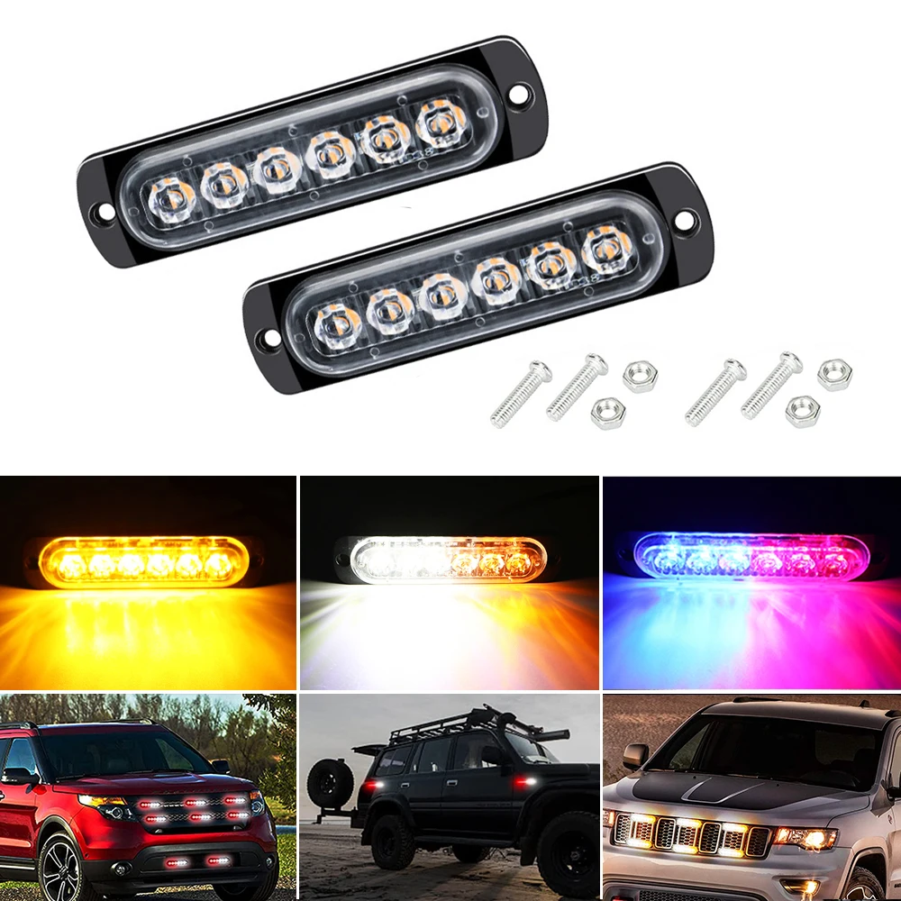 트럭 LED 스트로브 경고등, 스트로브 그릴 깜박이 라이트바, 자동차 신호등, 앰버 옐로우 화이트 신호등, 2 개 트럭, 12V, 24V, 6smd 