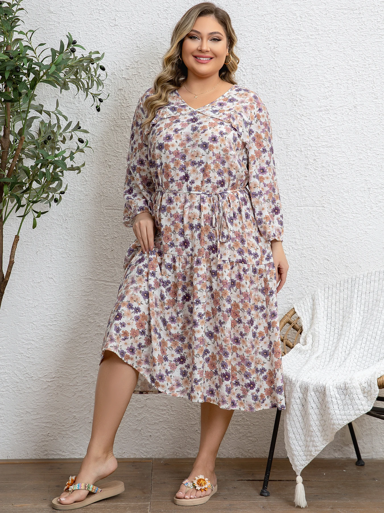 Plus Size Women's Purple Pink Floral Print V Neck Waist Tie Long Sleeve  Dress Loose Slimming Casual Midi Dress - AliExpress 200000345