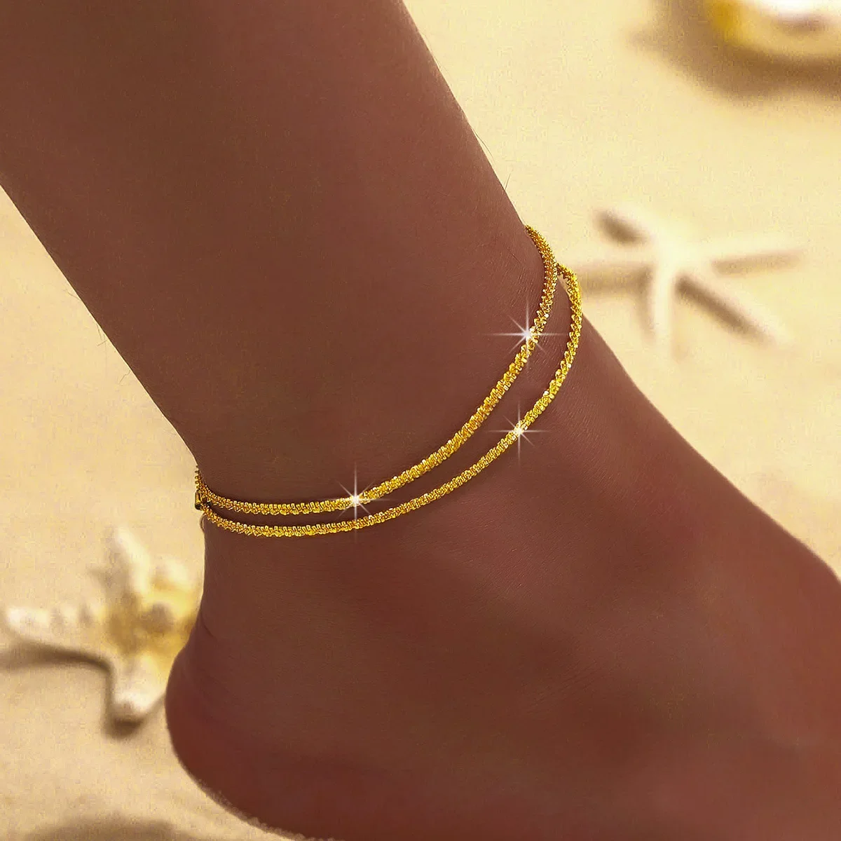 LATS Shiny Sparkling Simple Anklet Women Gold Silver Color Elegant Jewelry Female Beach Ankle Bracelet Foot Party Gift