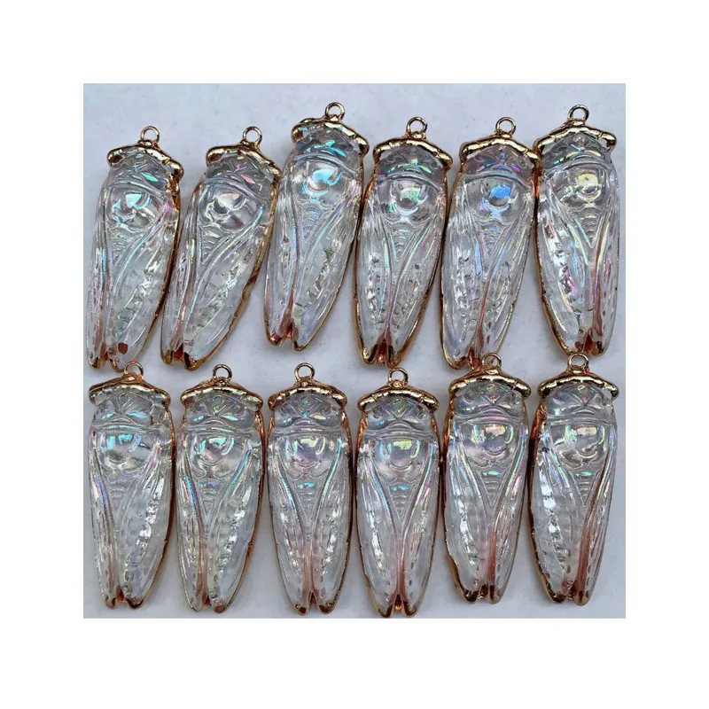 

3PC Natural Clear Quartz Pendant Hand Carved Crystal Cicada Jade Pendant Charm Fashion Jewelry for Women Man Necklace Gift 2.5mm