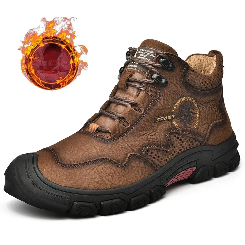 New Winter Men's Boots Genuine Leather Plush Warm Men's Snow Boots Waterproof Outdoor Roman Men Work Boots Men Motorcycle Boots