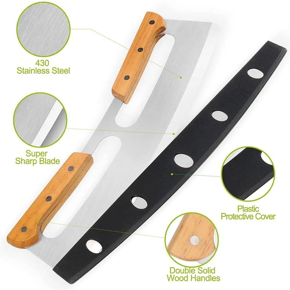 Pizza Cutter Stainless Steel Rocker Blade Wooden Handles With Cover Pizza Rocking Cutter Tools Mezzaluna Knife Kitchen pizza cutter