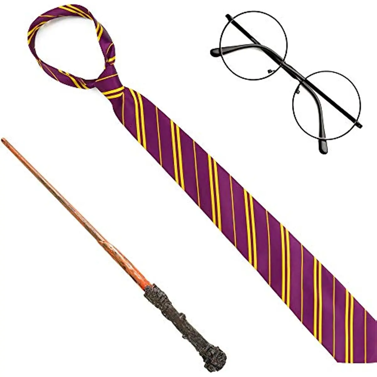 

Skeleteen Wizard Costume Accessories Set Nerd Circle GlassesRed and Gold Tie and a Magic Wand Accessory Set for Kids and Adults
