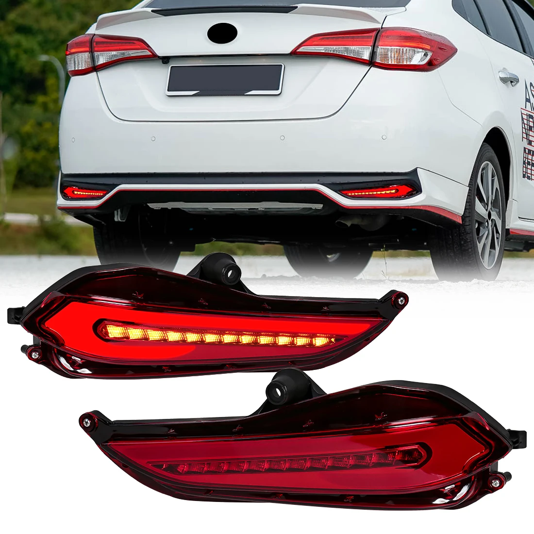 

LED Rear Bumper Reflector Light For Toyota Yaris 2017 2018 2019 Vios 2019 Brake Warning Dynamic Turn Signal Lamps Car Fog 12V