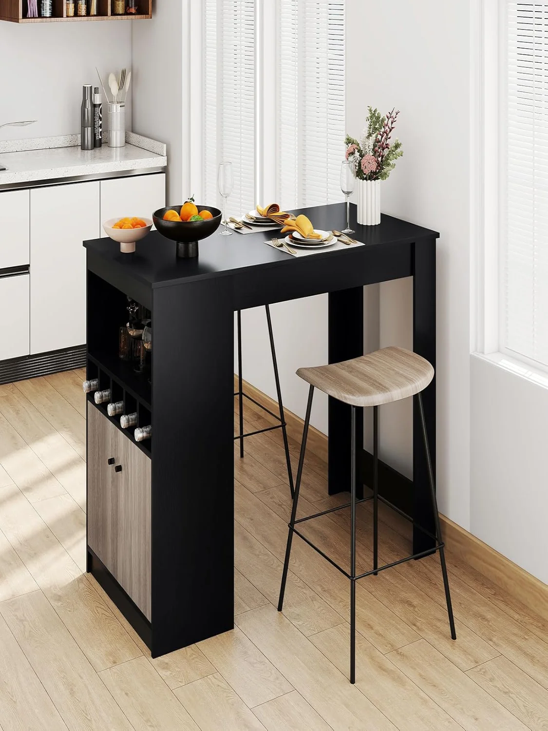 Bartisch, Küchentheke mit Weinregalen, offenen Fächern und 2 Türen, 2-Personen-Hausbar, Küchentisch aus Holz, Bartheke – Detail 1