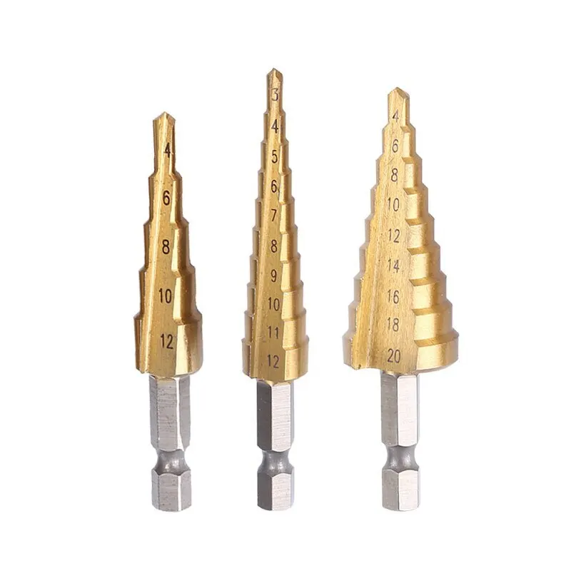 Kit Jogo 3 Brocas Escalonadas Titânio 4-12 4-20 4-32mm Espiral Hss - Desconto No Preço