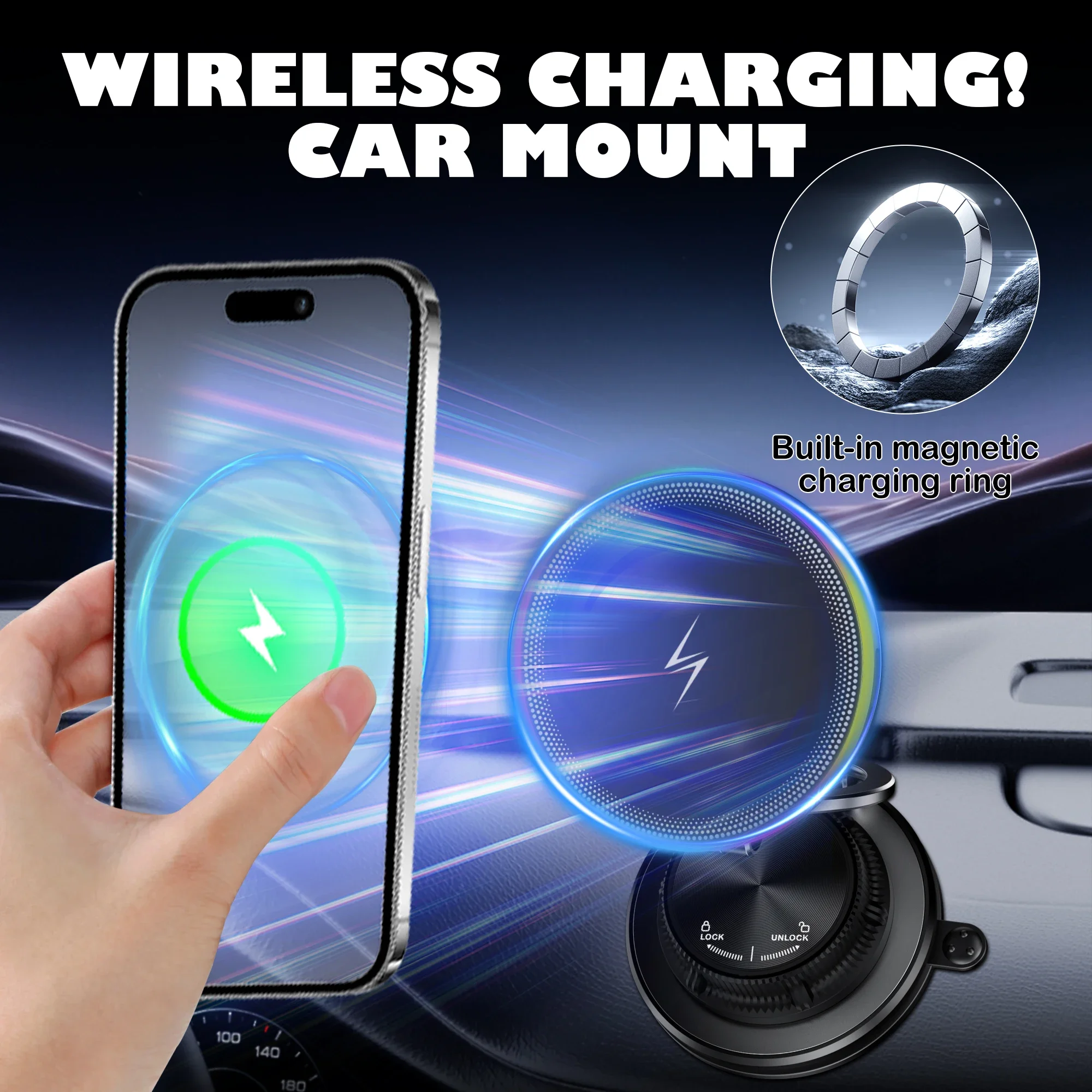 RGB Vacuum Suction Wireless Car Charger & Magnetic Phone Holder