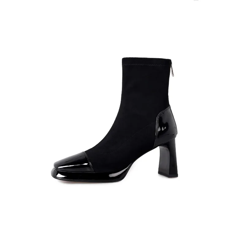 

2023 Autumn winter Women ankle boots natural leather 22-24.5cm cowhide+Elastic flock+pigskin modern boots back zip skinny boots
