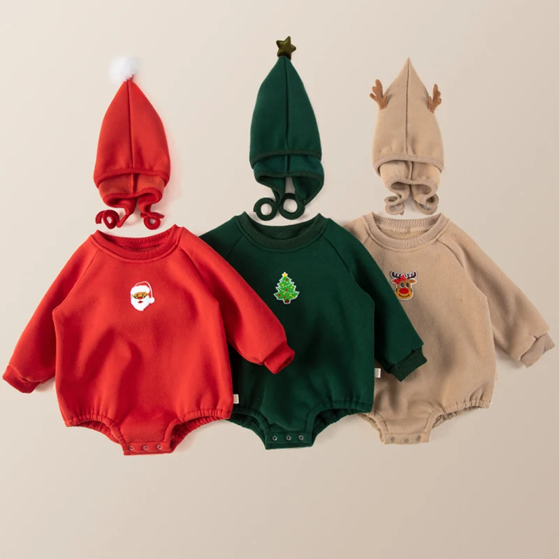 

2023 Christmas Newborn Baby Romper Winter Thick Toddler Infant Boys Girls Cotton Deer Santa Jumpsuit Cute Xmas Costumes Clothing