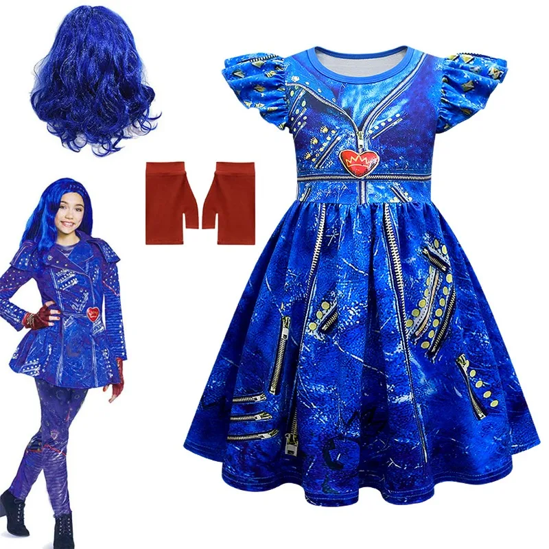 Cosplay Costume Kids Girls Dress Halloween Dress Outfit Blue Audrey Costumes Girl Carnival Costumes Kids Party Evie Descendants Mal Cosplay dress Halloween Party Girls 3-12Y