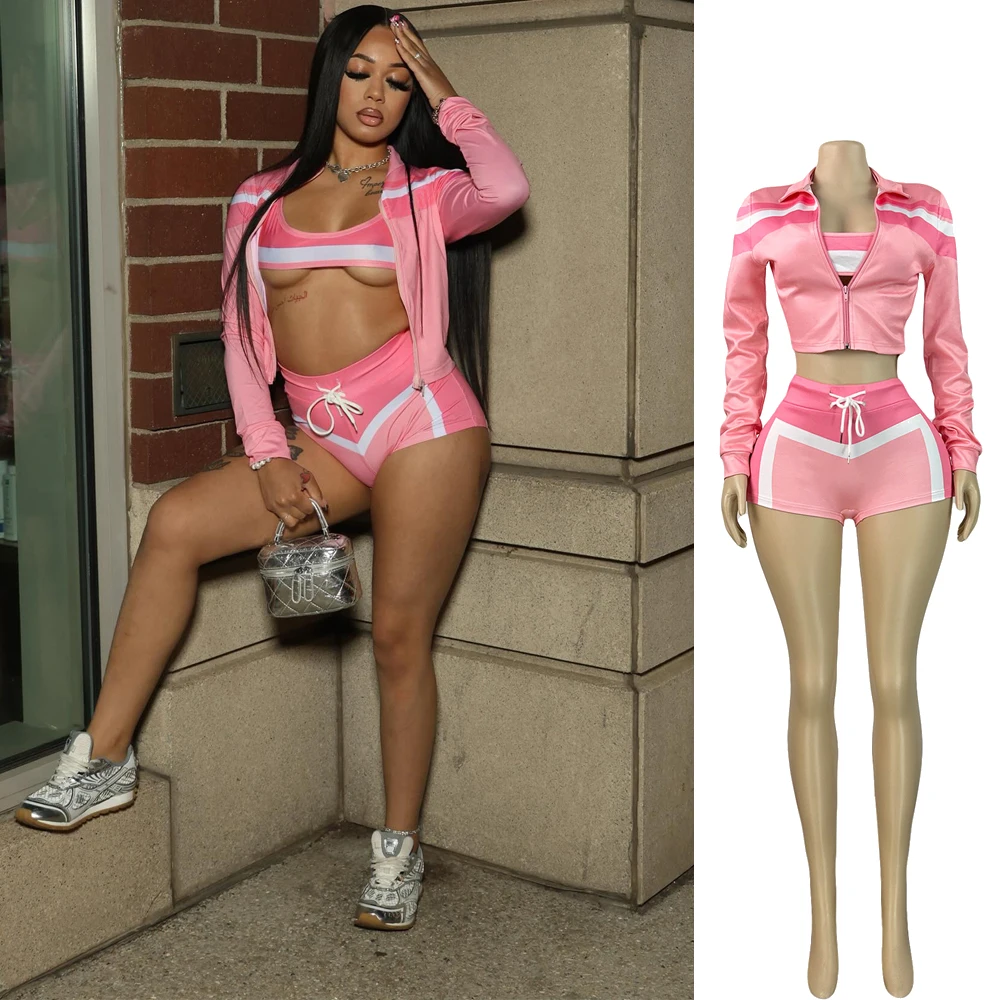 Women's 3-Piece Color Block Tracksuit Set - Sports Bra, Jacket, and Shorts