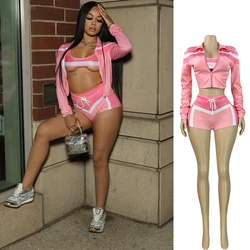 Women's 3 - Piece Color Block Tracksuit Set - Sports Bra, Jacket, and Shorts - S (Pink White)