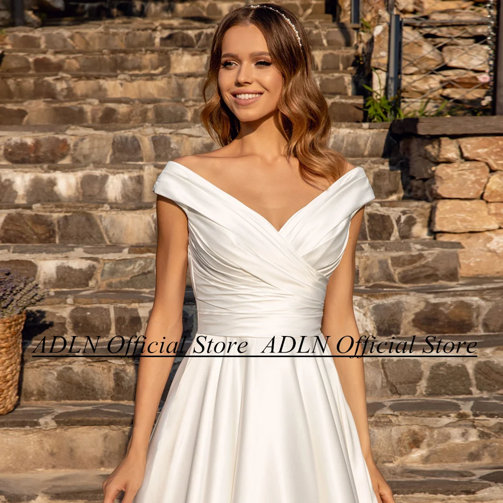 Satin Wedding Dress Cap Sleeve V Neck Pleat Draped Back Zipper Sweep Train Simple Bridal Gown Vestido De Noiva wedding dresses