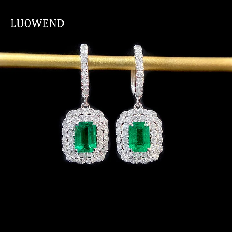 

LUOWEND 18K White Gold Earrings Luxury 1.48carat Real Diamond Natural Emerald Gemstone Hoop Earrings for Women Senior Banquet