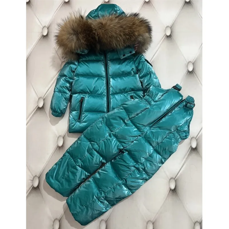 Зимний Комбинезон Дети Baby Down Jacket Set New Winter Boys And Girls Thickened Oversized Raccoon Fur Children's Ski Suit