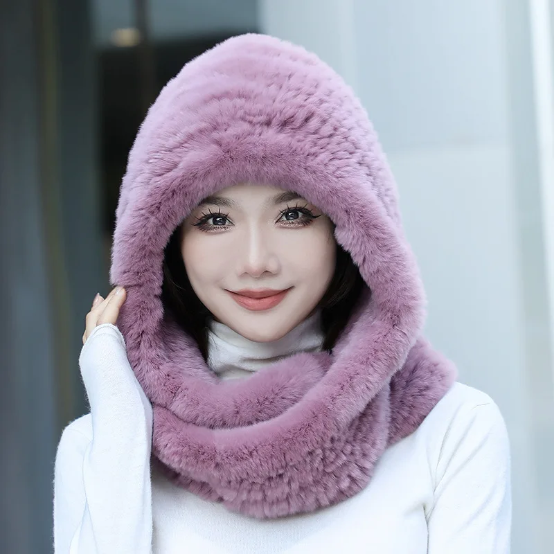 Hat Women New Knitted Real Rex Rabbit Fur Hat Hooded Scarf Winter