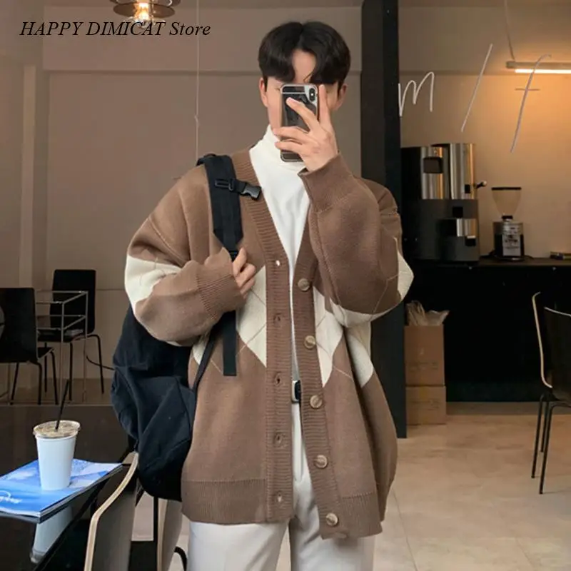 Knitting Cardigan Sweater Autumn Winter Top Men's Single Breasted V Collar Sweatercoat New Korean Fashion Chic Diamond