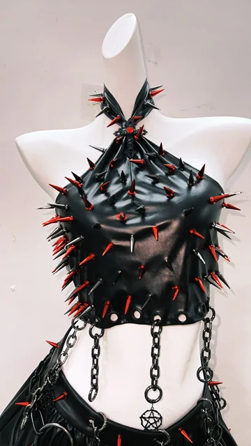 Spikey Halter Neck Faux Leather Cropped Top and Skirt 4