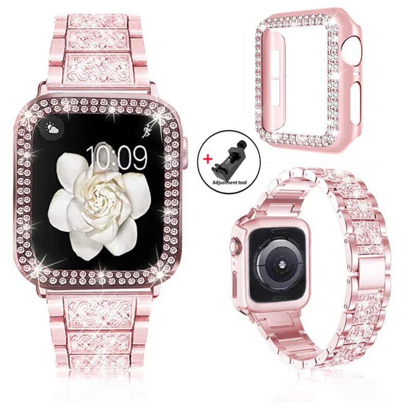 Elegant Diamond-Encrusted Metal Bracelet with Case