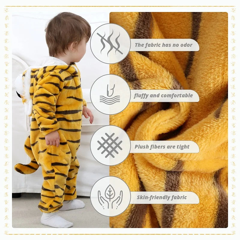 MICHLEY Halloween Tiger Winter Baby Rompers Clothes Costume Hooded Flannel Bodysuits Pajamas Overall For Boys Unisex 2-36 Months