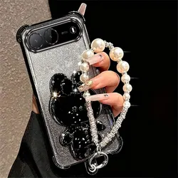 Pearl Lanyard Rabbit Phone Holder Case with Back Cover for Infinix Hot 40 Pro (Black)