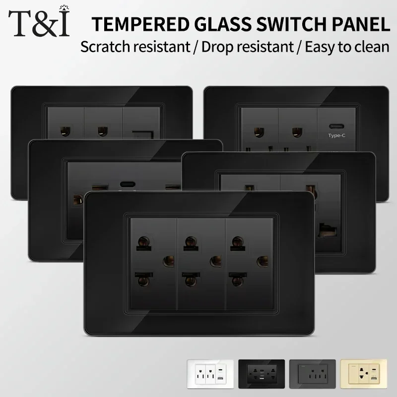 118*75 มม.กระจกนิรภัยแผงซ็อกเก็ต US Wall SOCKET สีดําไทย USB ซ็อกเก็ตปลั๊ก Dual USB Type-C พอร์ต, สวิทช์ไฟ 110V 1