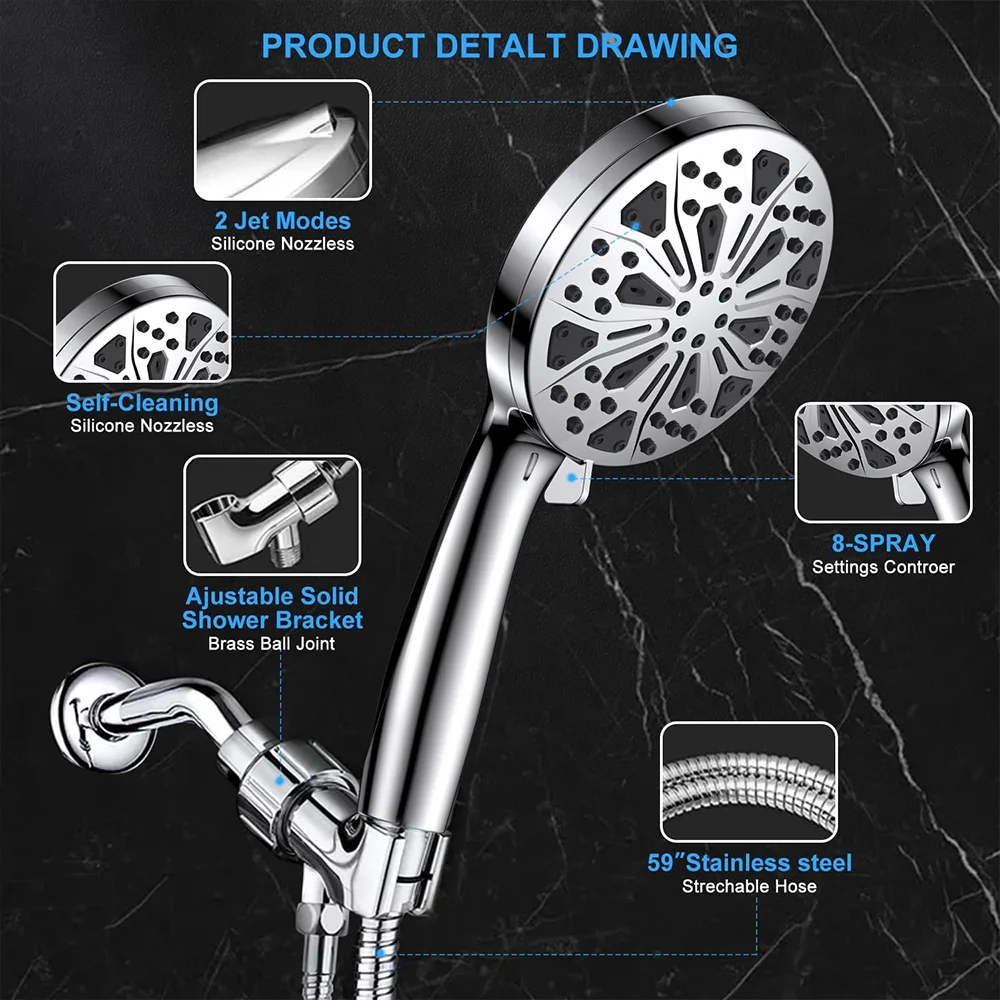 Description Picture 6 of itemHandheld Shower Head 10-Mode 5.1”High Pressure Shower Head Built-in 2-Mode Power Wash Spray Bathroom Faucet Replacement Parts