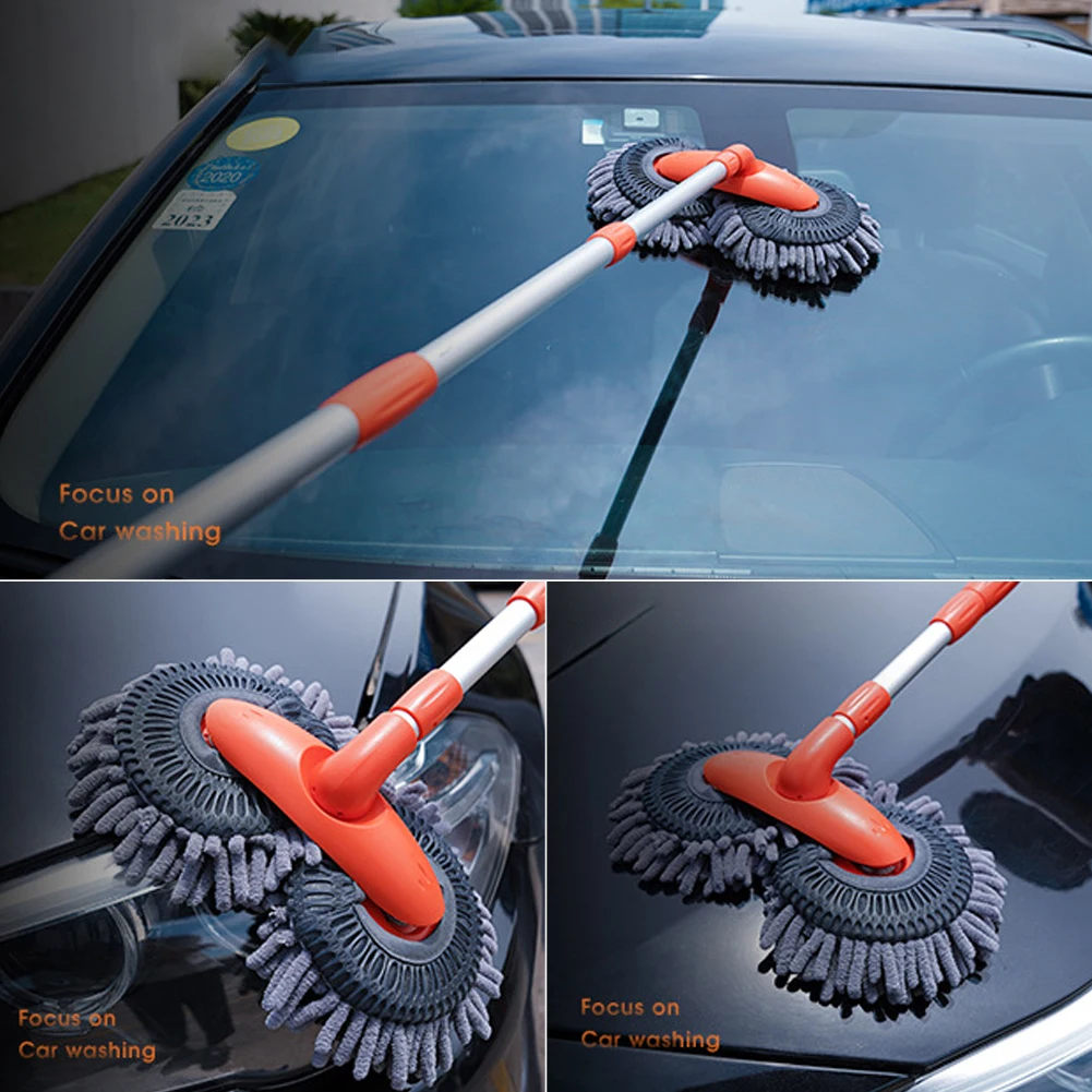 Car Double Brush Head Rotation Wash Mop Telescopic Mop Roof Window Cleaning