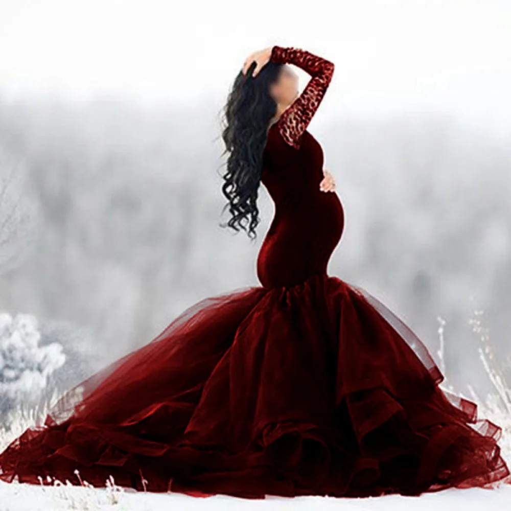 Elegence Maternity Photography Props Dresses Lace Mesh Long Pregnancy Dress For Pregnant Women Maxi Maternity Gown Photo Shoots (3)