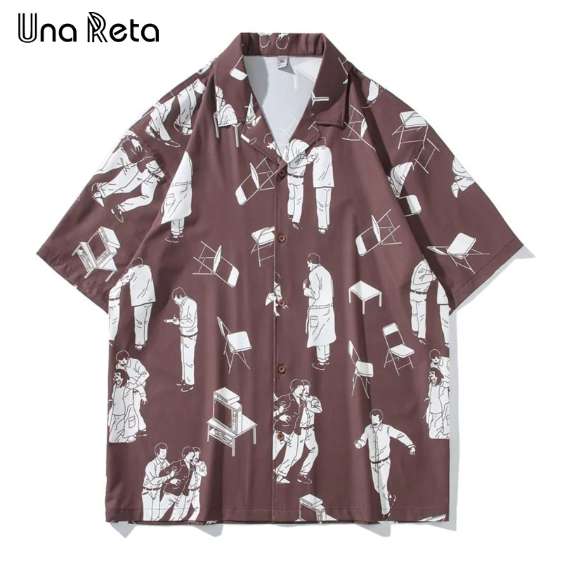 

Una Reta Men's Shirt 2024 Summer Tops Streetwear Short Sleeve Y2K Hip hop Print Shirts Women Single Breasted Couples Shirts