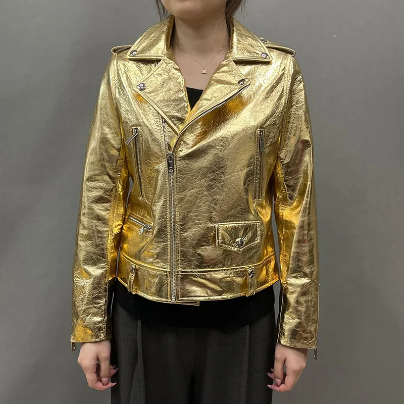 2023 Lady Real Leather Jackets Autumn Winter Silver Golden Color