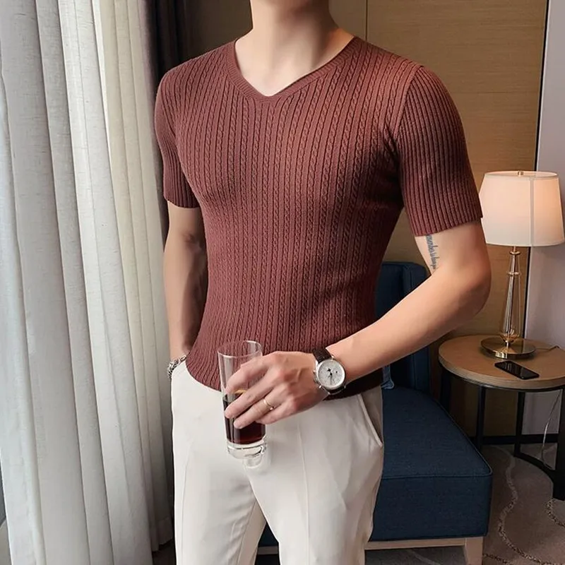 

Футболка мужская облегающая с V-образным вырезом, однотонный джемпер в британском стиле, в Корейском стиле, размеры 4x l-m, на лето