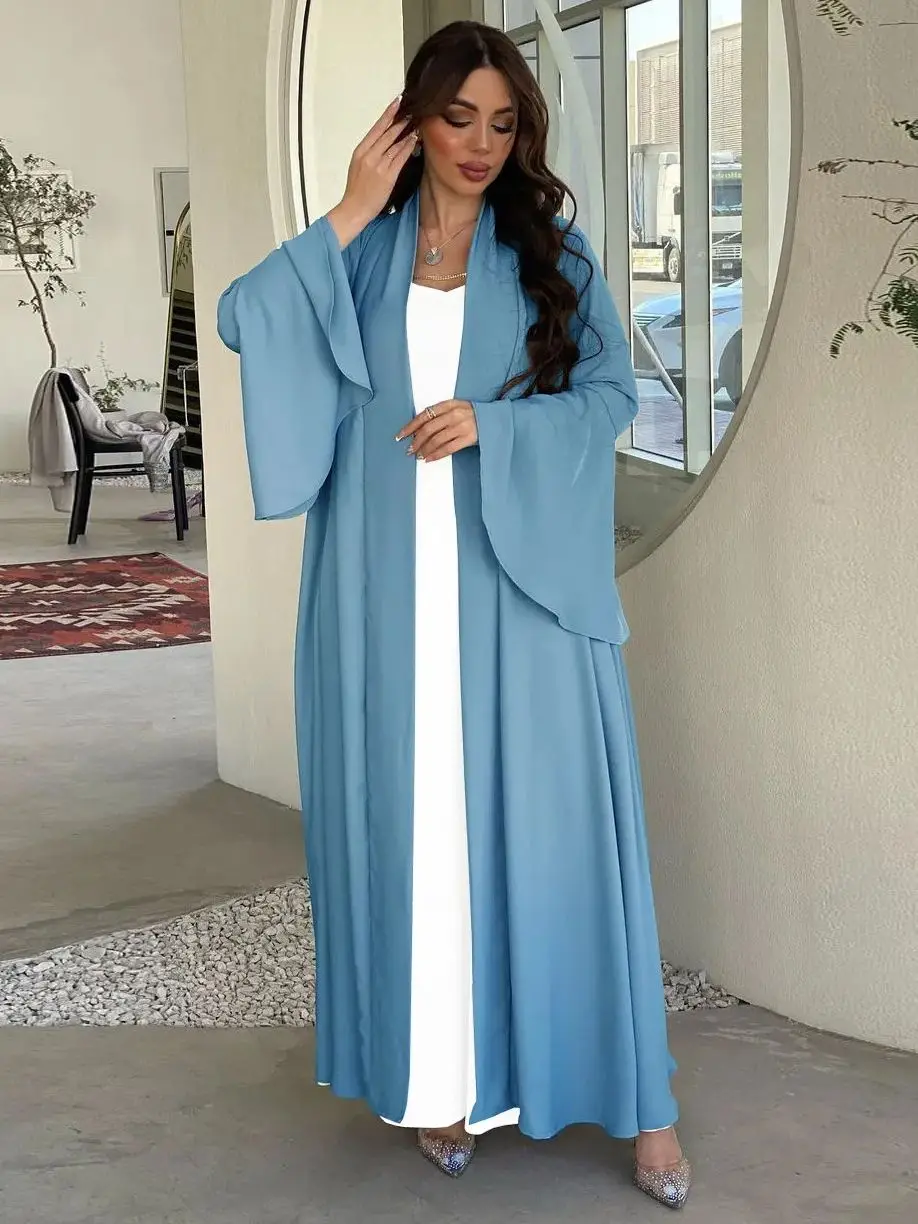 

Abaya Satin Flare Sleeves Kimono Muslim Women Islamic Clothing Dubai Turkish Modest Outfits Casual Hijabi Robe Ramadan Kaftan