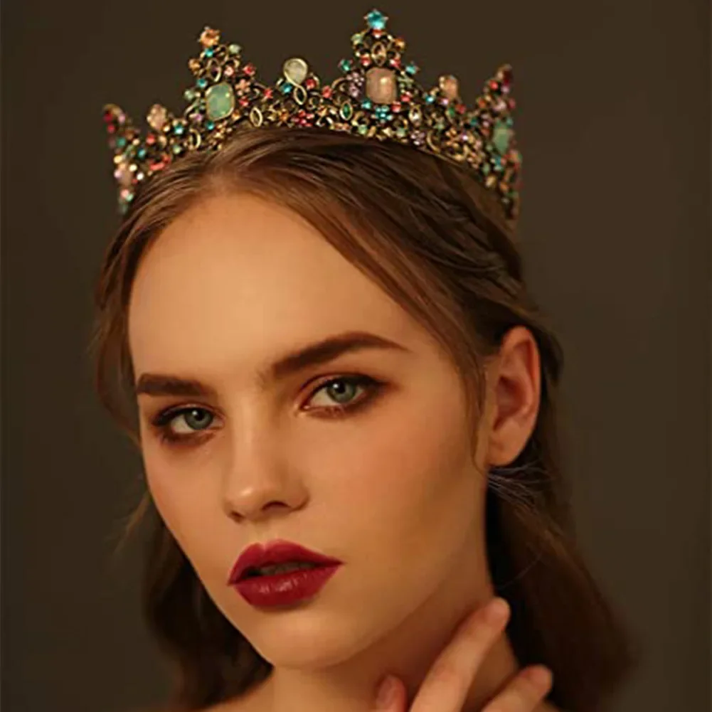 New Baroque Bride Pageant Crown Retro Luxury Bridal Hair Accessories Colorful Round Rhinestone Hair Crown