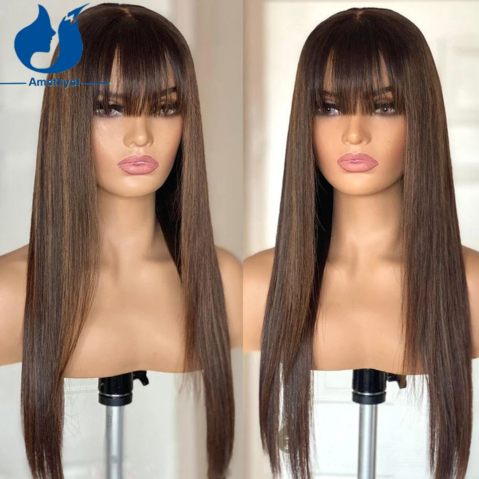 

Amethyst Silky Straight Highlight Human Hair Wig With Bangs For Women Scalp Top Full Machine Wig Remy Braizilian Brown Glueless