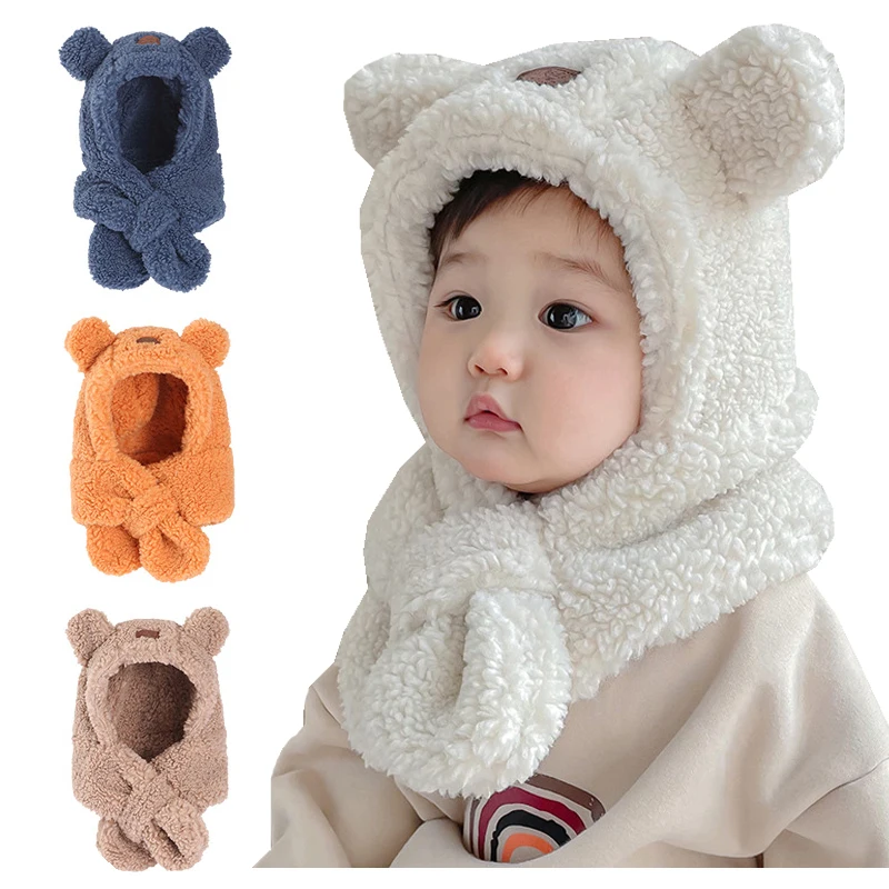 Lamb Wool Baby Winter Hat Scarf One-Piece Warm Ears Thicken Bear Infant Bonnet Toddler Beanie Kids Cap for Girl Boy Accessories