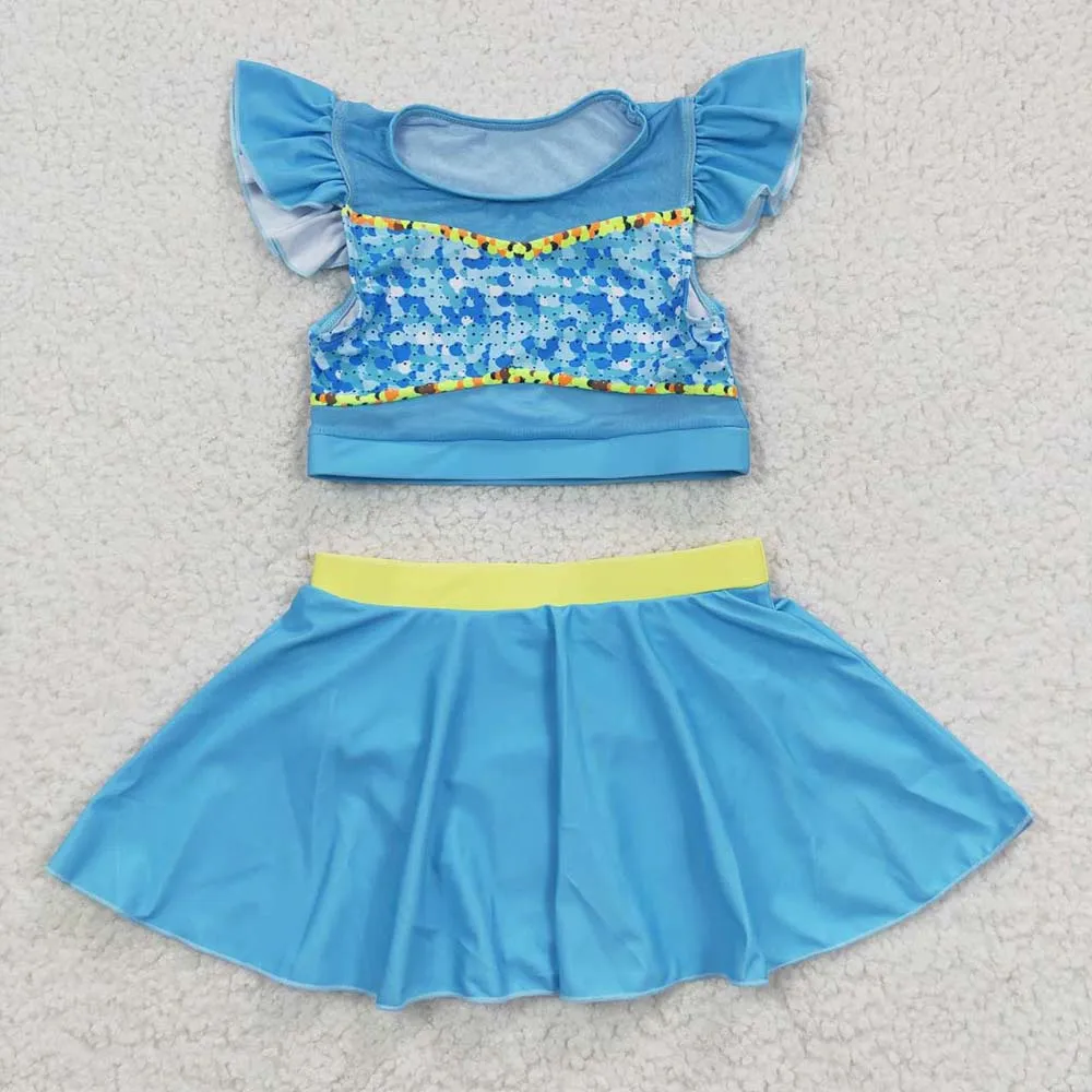 

Wholesale Baby Girl Summer Short Sleeves Blue Bikini Swimsuit Outfit Kid Skirt Shorts Swimwear Infant Two Piece Toddler Sets