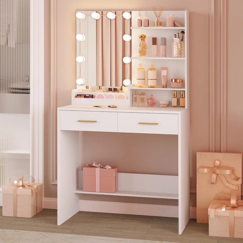 Table de maquillage avec ampoule, table de maquillage avec 4 étagères ouvertes et 2 compartiments, 2 tiroirs, pour chambre à coucher, salon 1 Table de maquillage avec ampoule, table de maquillage avec 4 étagères ouvertes et 2 compartiments, 2 tiroirs, pour chambre à coucher, salon 1
