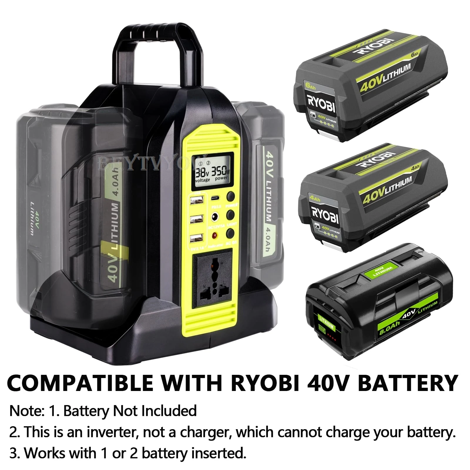 350W 2-Port Power Inverter for Ryobi 40V Battery DC 40V to AC 120V Pure Sine Wav