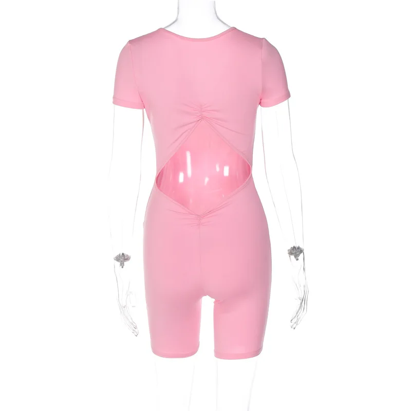 BKLD Summer Outfits For Women 2023 New Short Sleeve Solid Color Pink V-Neck Fashion Hollow Out Open Back Slim Romper For Women